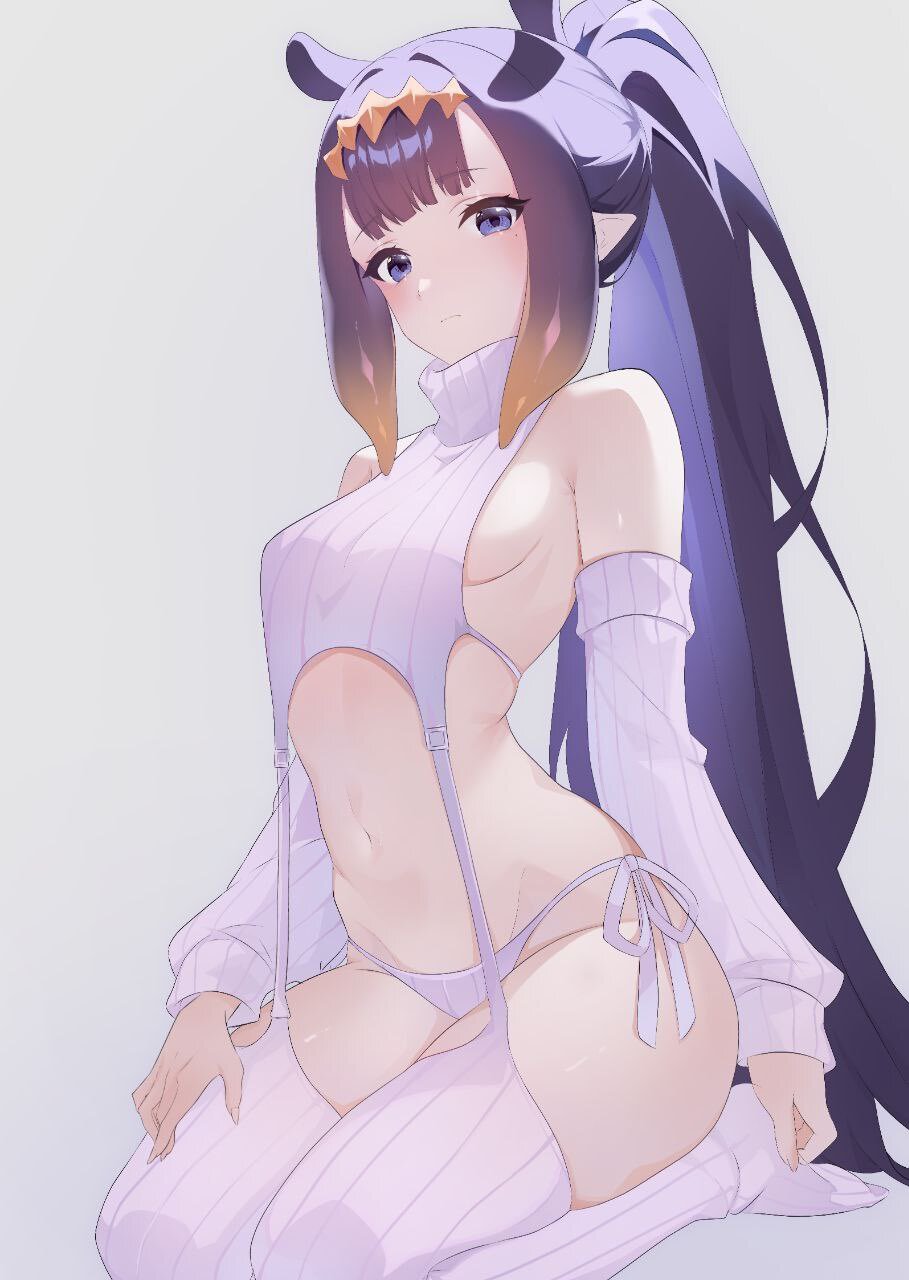 female, female only, hololive, hololive english, mostly nude, ninomae ina'nis, on knees, petite, pointy ears, purple hair, sideboob, small breasts, smaller female, tummy, virgin killer sweater, virtual youtuber, vtuber