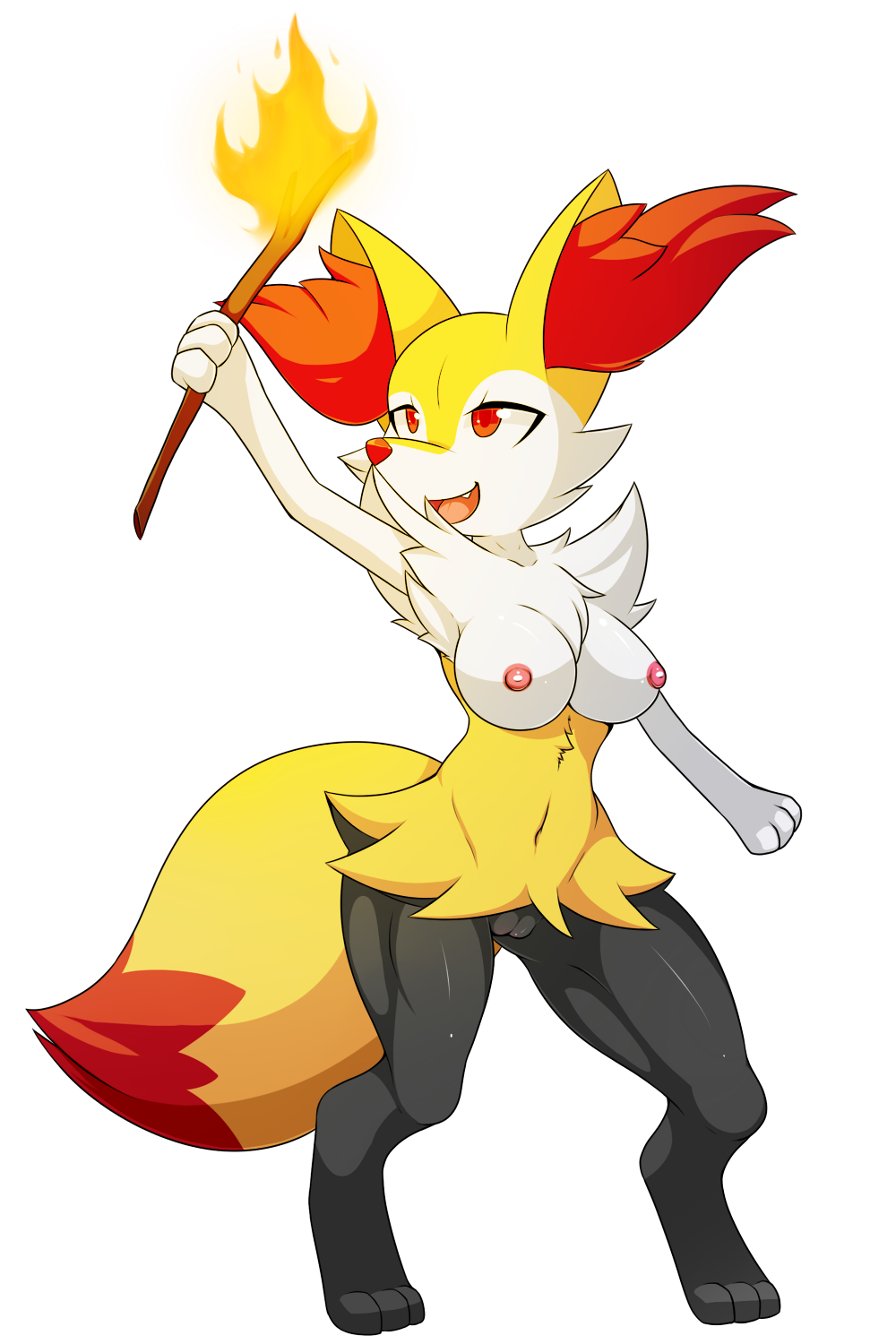 2017 3_fingers 3_toes alpha_channel anthro black_fur braixen breasts canine deerrobin fangs female female_focus female_only fire fluffy fluffy_tail fur furry furry_only hi_res mammal naked nintendo nipples nude orange_fur pokémon_(species) pokemon pokemon_(species) pussy red_eyes simple_background smile solo solo_female solo_focus tail toes transparent_background video_games wand white_fur yellow_fur