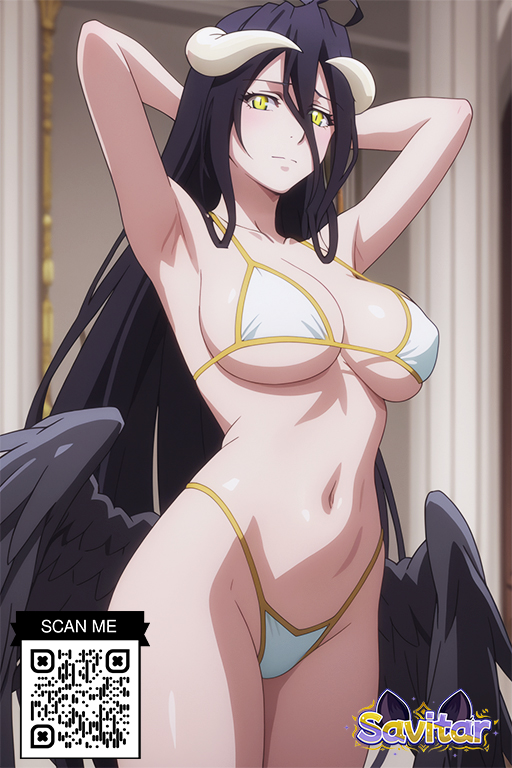 ahoge ai_generated albedo_(overlord) armpits arms_behind_head arms_up bangs bare_shoulders bikini black_feathers black_hair black_wings blush breasts cleavage closed_mouth clothing demon_girl demon_horns demon_wings feathered_wings feathers female female_only groin hair_between_eyes highleg highleg_bikini horns indoors large_breasts littlehentai long_hair looking_at_viewer low_wings navel overlord_(maruyama) savitar savitar_(artist) shiny_hair shiny_skin slit_pupils smile solo standing stomach swimsuit thighs underboob very_long_hair white_bikini white_horns wings yellow_eyes