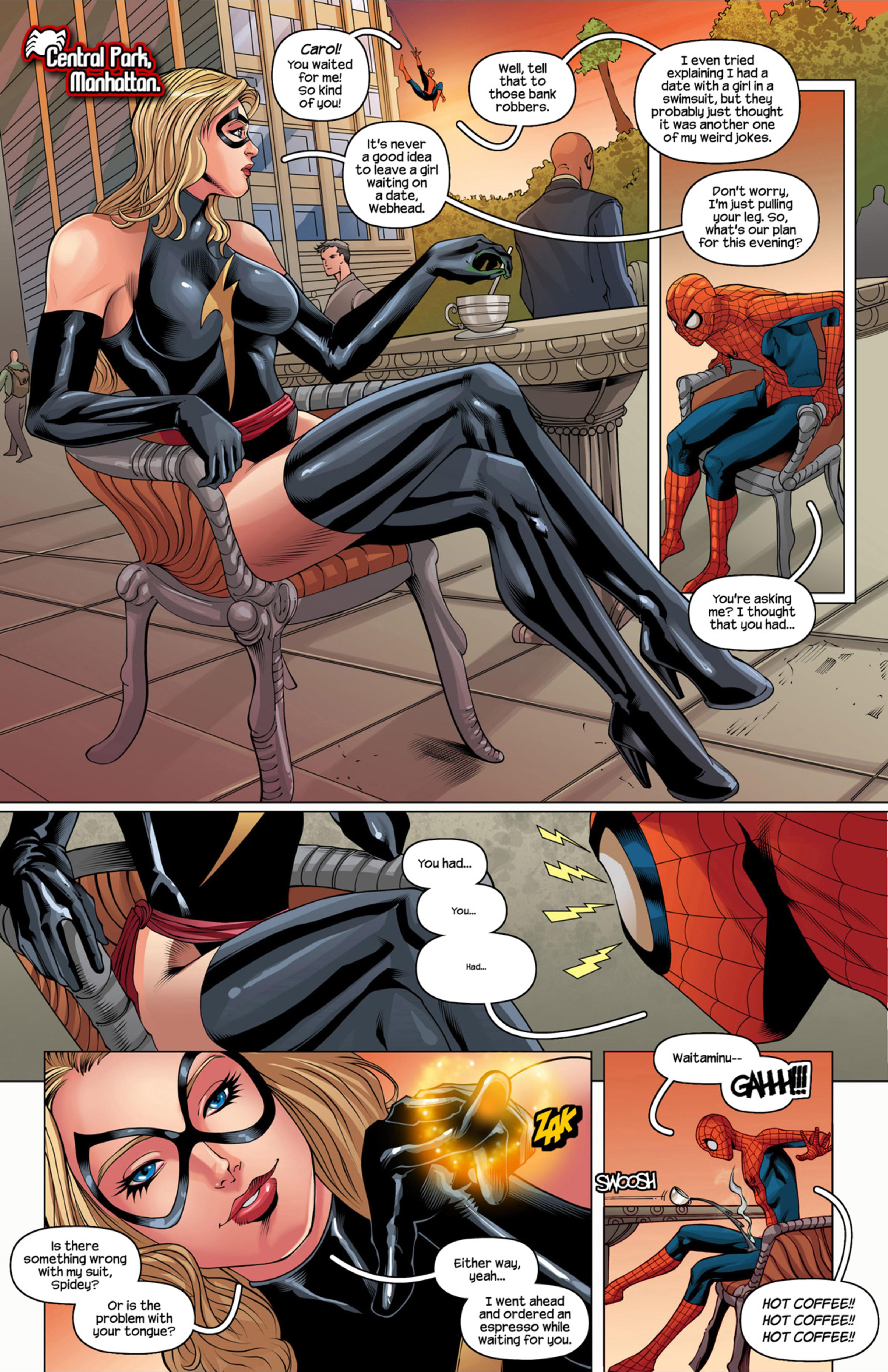 1boy, 1girls, 2boys, bald, big breasts, black gloves, blonde hair, blue eyes, bodysuit, boots, breasts, bug, carol danvers, chair, clothed, clothing, comic, crossed legs, cup, date, dialogue, domino mask, elbow gloves, english text, female, gloves, high heel boots, high heels, large breasts, leotard, lips, lipstick, long hair, male, marvel, marvel comics, mask, ms. marvel, ms. marvel (carol danvers), multiple boys, multiple males, peter parker, red lips, rllas, silk, sitting, skin tight, smile, speech bubble, spider web print, spider-man, spider-man (series), straight hair, superhero, superheroine, table, teacup, text, thigh boots, thighhighs, tongue out, tracyscops