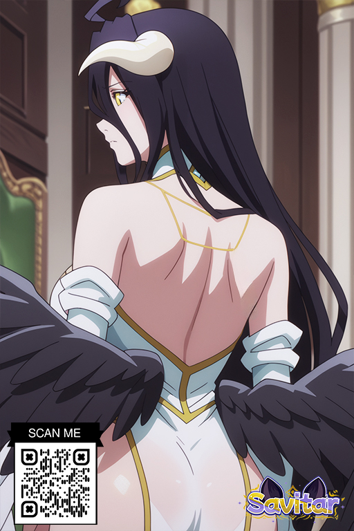 ahoge ai_generated albedo_(overlord) bangs bare_shoulders bed black_hair black_wings blush breasts cleavage closed_mouth clothing demon_girl demon_horns detached_collar dress feathered_wings female gloves hair_between_eyes horns large_breasts littlehentai long_hair looking_at_viewer low_wings lying on_back on_bed overlord_(maruyama) pillow savitar savitar_(artist) slit_pupils smile solo very_long_hair white_dress white_gloves white_horns wings yellow_eyes