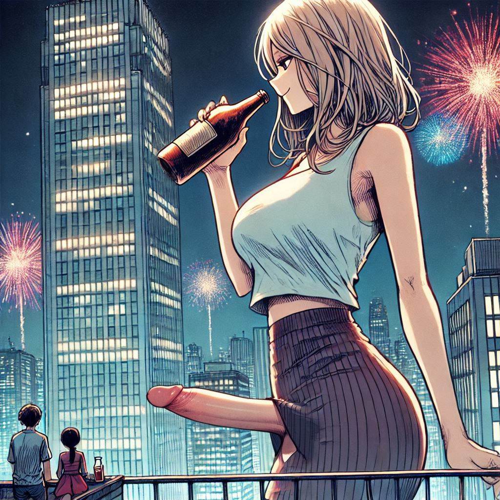 1futa ai_generated alcohol alcohol_bottle alcoholic_drink big_penis blonde_hair city drunk fireworks futa_is_bigger futanari giantess large_penis larger_futanari light-skinned_futanari light_skin pencil_skirt penis penis_poking_out size_difference smaller_female smaller_male spalela tanktop