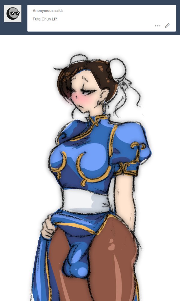 1futa, artist request, balls, blush, bulge, chun-li, dickgirl, futa only, futanari, intersex, penis, skirt lift, solo, street fighter, testicles