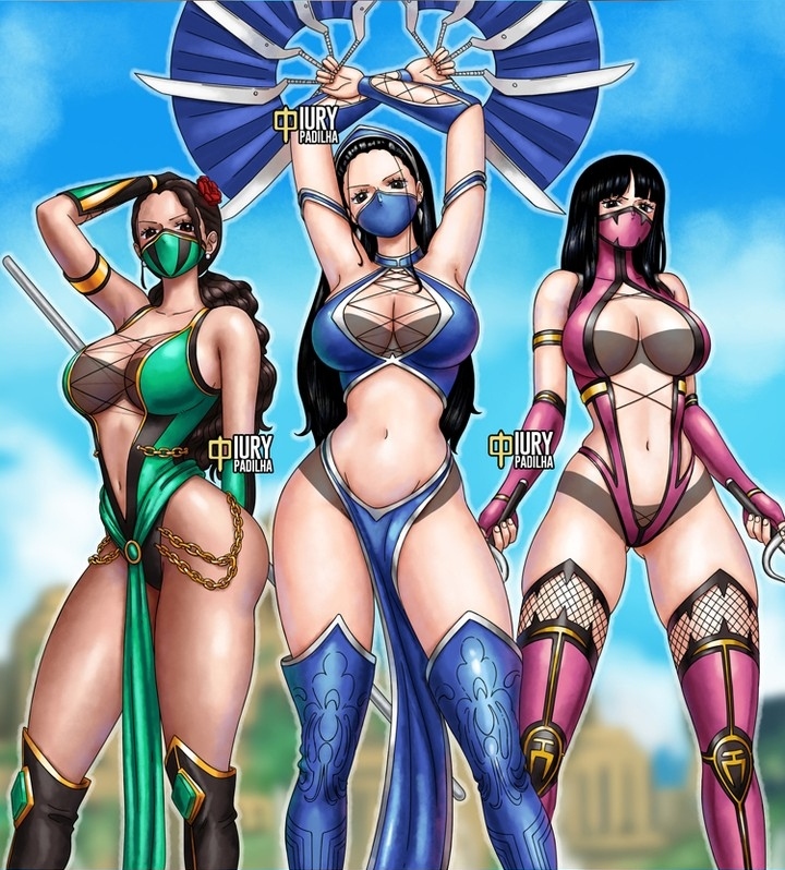 3girls arms_up ass assassin babe bangs bellybutton big_breasts black_hair blue_clothing boa_hancock brazilian breasts chains cosplay crossover curvy divine_beauty face_mask fan female female_assassin female_only flower flower_in_hair gold_chain golden_chains green_clothing green_leotard hand_on_head hime_cut holding_weapon hourglass_figure huge_breasts iury_padilha jade_(cosplay) jade_(mortal_kombat)_(cosplay) kitana_(cosplay) knife knives large_breasts legwear light-skinned_female loincloth long_hair looking_at_viewer mask masked_female mileena_(cosplay) mortal_kombat multiple_females multiple_girls nico_robin one_piece pale-skinned_female pale_skin pink_clothing pink_leotard pirate princess revealing_clothes russian sexually_suggestive sexy skimpy skimpy_clothes staff thick_thighs thighhighs trio trio_focus twitter_link viola_(one_piece) voluptuous voluptuous_female warrioress weapons