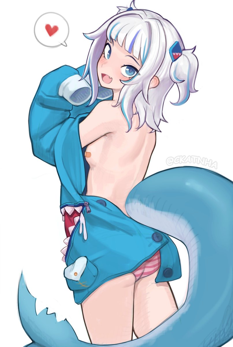 1girls bandaid bandaids_on_nipples blue_eyes blue_hair blush ckatnha female gawr_gura hairclip heart hololive hololive_english hololive_myth hoodie looking_back oerba_yun_fang open_clothes open_hoodie panties partially_clothed rear_view shark_girl shark_tail short_hair solo solo_female striped_panties tail twintails virtual_youtuber white_hair