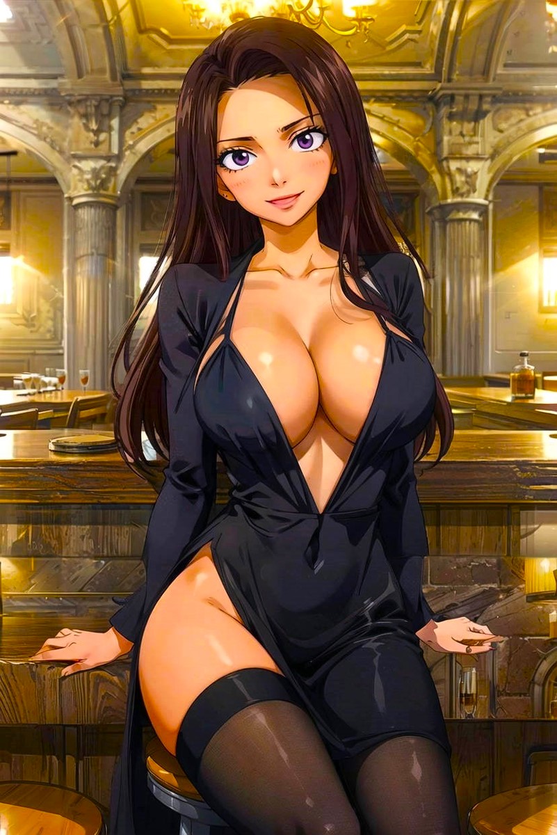 ai_generated anime babe bar beer beer_bottle beer_glass black_stockings brown_hair cana_alberona cleavage date dress drink fairy_tail happy_new_year large_breasts looking_at_viewer magical_girl new_year night party party_dress pleasure purple_eyes revealing_clothes seducing seductive_smile sexy sitting_on_stool stockings stool thick_thighs toongenai voluptuous voluptuous_female witch wood wooden_table