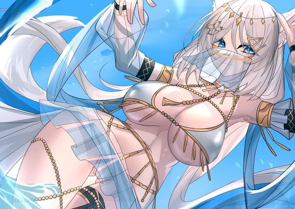 armpits arms_up belly_dancer belly_dancer_outfit big_breasts bikini bikini_bottom bikini_top breasts cleavage collarbone fox_ears fox_girl fox_tail large_breasts meridian_project mizuki_(vtuber) stripes transparent_clothing veil virtual_youtuber weyas_kayur white_hair