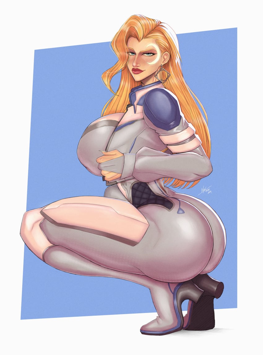 1girls 2d big_ass big_breasts blonde_hair cloak_and_dagger dagger_(marvel) dagger_(marvel_rivals) female female_only fully_clothed. marvel marvel_rivals nexjade solo squatting tandy_bowen thick_thighs