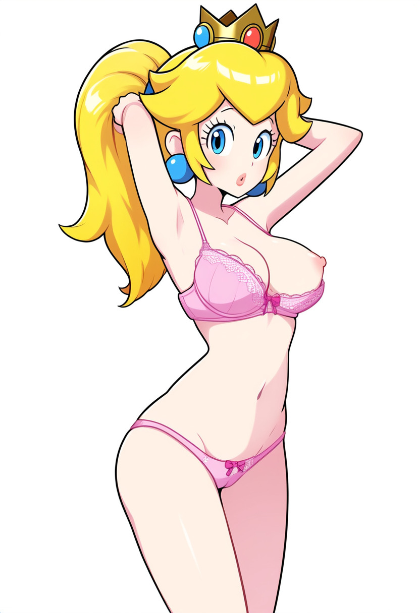 ai_generated blonde_female blonde_hair bra breasts looking_at_viewer mario_(series) nintendo nipple_slip nipples panties pink_bra pink_panties ponytail princess_peach solo_female solo_focus super_mario_bros.