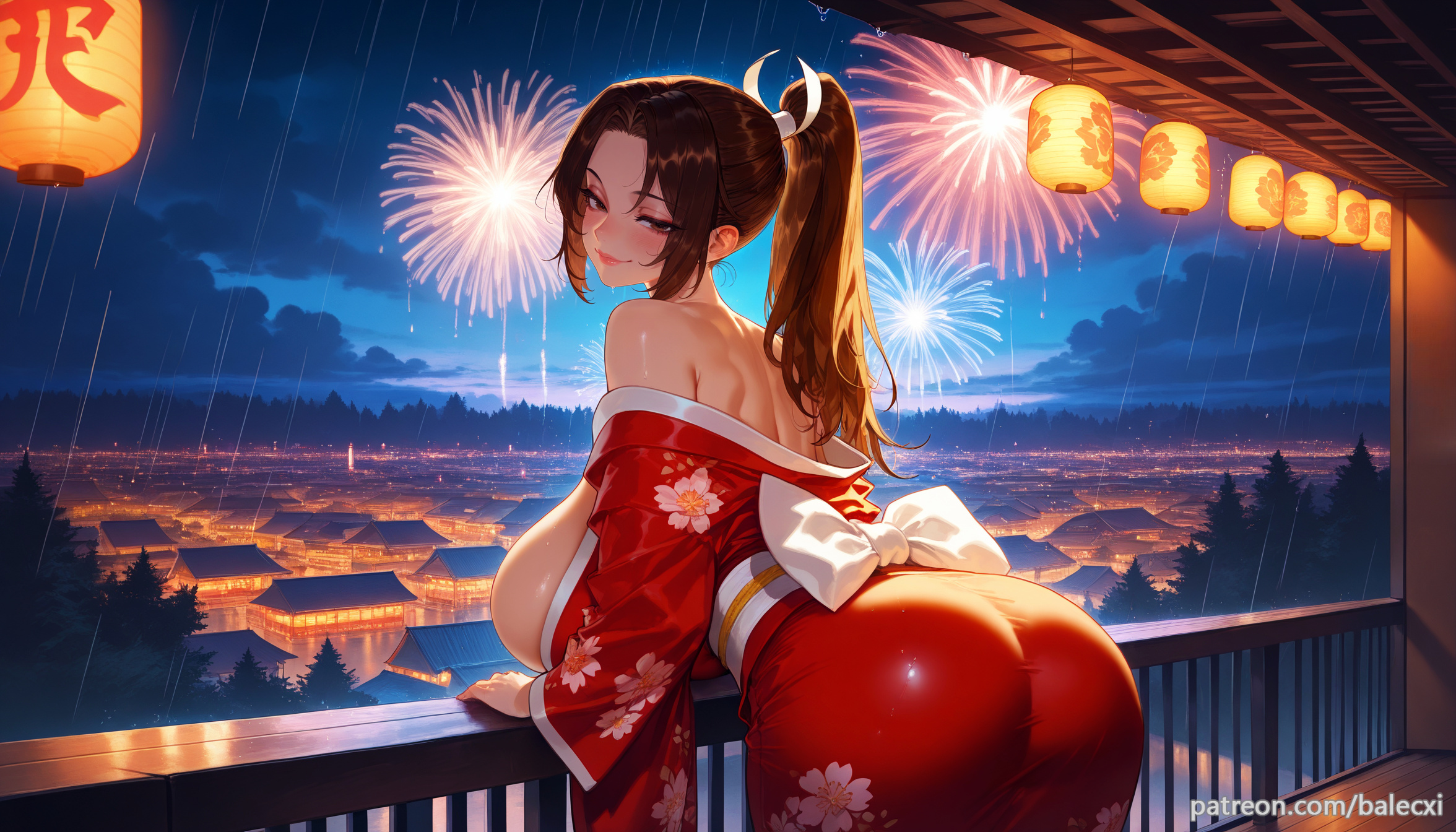 ai generated, ass, balecxi, bare shoulders, breasts, brown eyes, brown hair, fatal fury, female, fireworks, floral print, from behind, high ponytail, huge breasts, japanese clothes, king of fighters, long hair, looking at viewer, looking back, mai shiranui, night, off shoulder, patreon username, red kimono, sash, smile, snk, solo