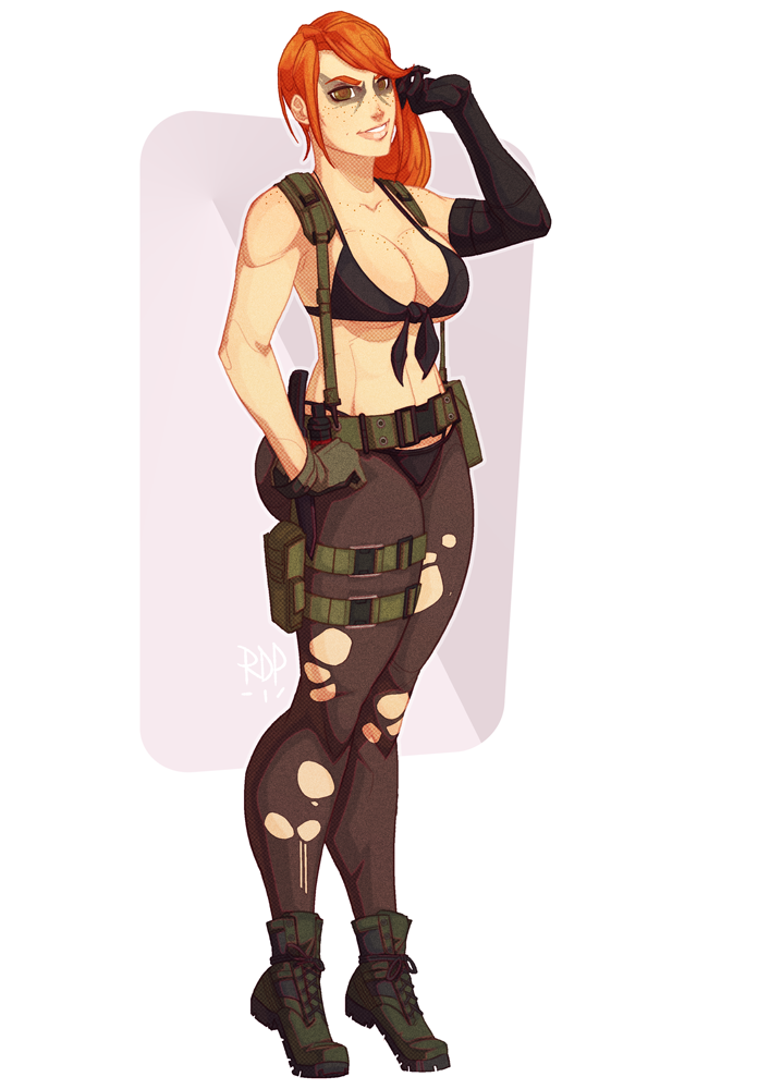 1girls boots female female_only freckles ginger_hair long_hair quiet_(metal_gear) red_hair samuraiblack solo stockings