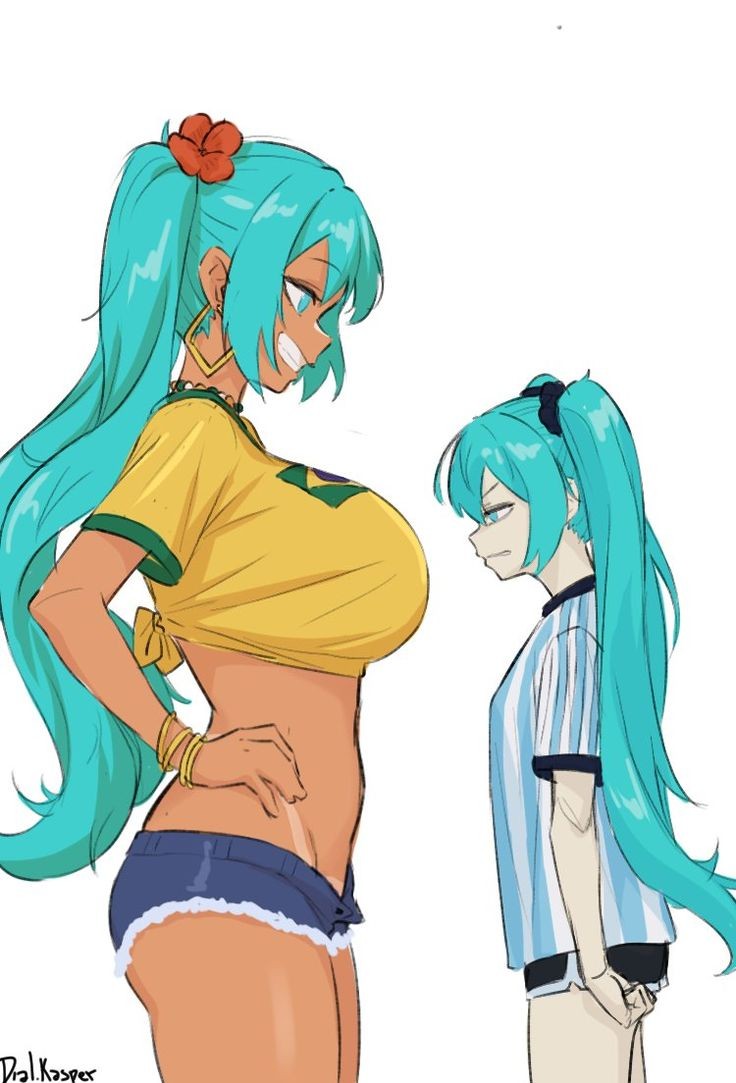 2girls argentina argentine_flag argentinian_miku asian asian_female big_breasts bigger_female blue_hair blue_hair_female brazilian brazilian_female brazilian_miku breasts clothed clothed_female dark-skinned_female dark_skin hatsune_miku height_difference japanese japanese_female larger_female light-skinned_female light_skin long_hair meusheldonaqui shorter_female size_difference smaller_female vocaloid