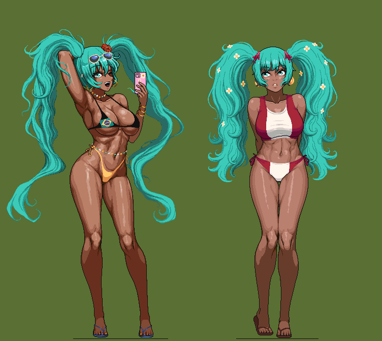 2d 2girls asian_latina bikini brazilian_female brazilian_flag_bikini brazilian_miku dark-skinned_female dark_skin flip_flops hatsune_miku latin_american_hatsune_miku_(meme) peruvian_female peruvian_flag_bikini peruvian_miku sandals vocaloid yuri