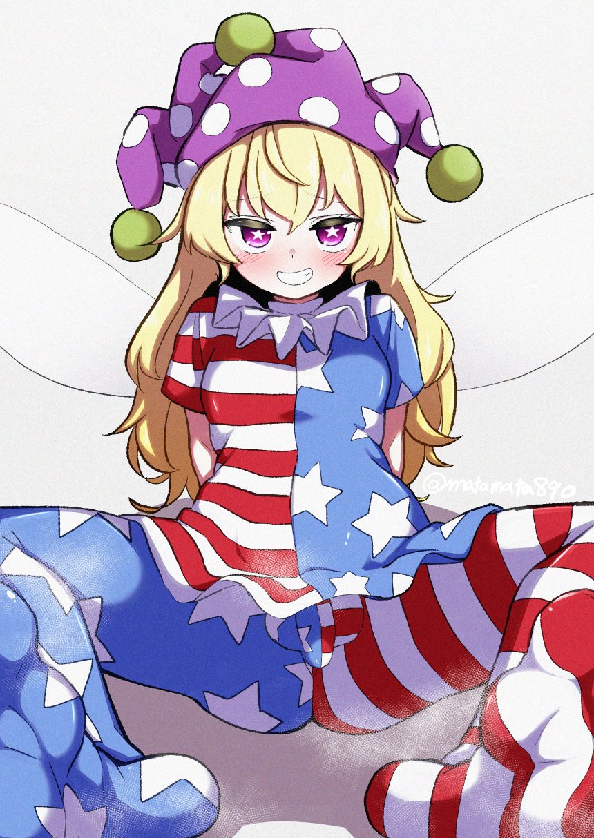 1futa american_flag american_flag_legwear balls big_penis blonde_hair breasts clothed clothing clownpiece fairy flaccid fully_clothed futa_only futanari humanoid humanoid_penis kameyan light-skinned_futanari light_skin long_hair looking_at_viewer nipples penis sharp_teeth skin_tight small_breasts small_penis solo spread_legs tight_clothing touhou wings