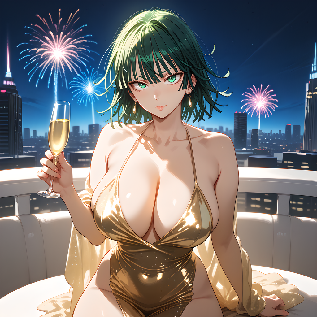 ai_generated balcony champagne champagne_glass city city_background cleavage earrings eogard_orc fireworks fubuki_(one-punch_man) gold_dress green_eyes huge_breasts looking_at_viewer new_year new_year_2025 night one-punch_man self_upload sexy_dress sitting stable_diffusion