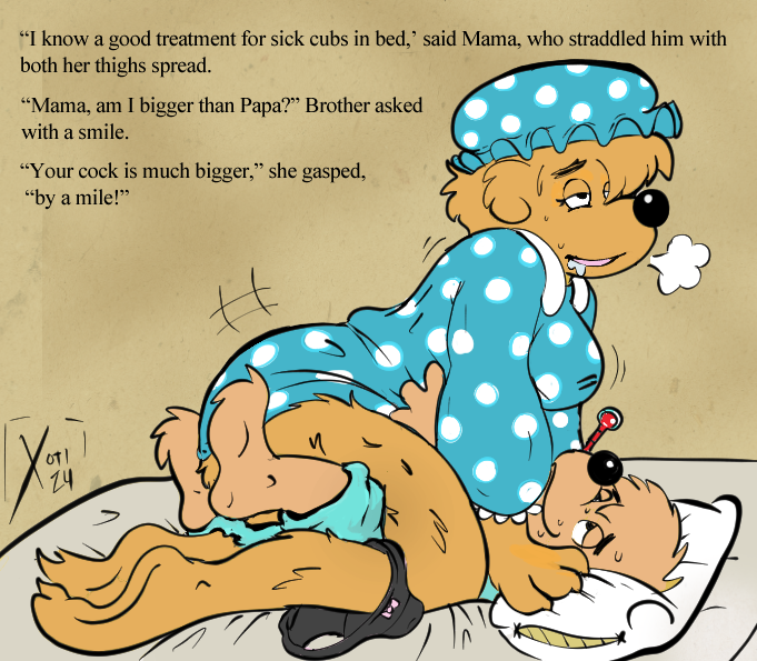 bed berenstain_bears black_nose black_panties blue_dress blue_pajamas brother_bear brown_fur clothed_sex cowgirl_position cringe feet female furry heterosexual incest little_kid’s_show male mama_bear mother mother_(lore) mother_and_child mother_and_child_(lore) mother_and_son mother_and_son_(lore) older_female older_woman_and_younger_boy pillow polka_dot polka_dots saliva sick son son_(lore) straight thermometer unsettling woman_on_top xoti_(artist) younger_male younger_penetrating_older