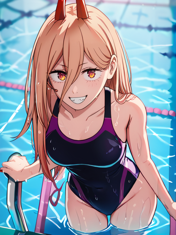 1girls ai_generated blonde_hair breasts chainsaw_man clothed devil female female_only flat_chest horn legs lilith_arths pointy_teeth pool power_(chainsaw_man) red_eyes red_horns smirk smirking smirking_at_viewer swimming_pool swimsuit swimwear thighs wet_body