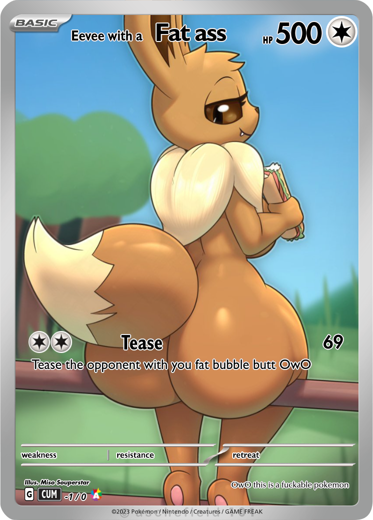 2d 2d_(artwork) bubble_butt eating edit eevee eeveelution fat_ass miso_souperstar on_fence pokemon pokemon_(species) pokemon_card smile smiling