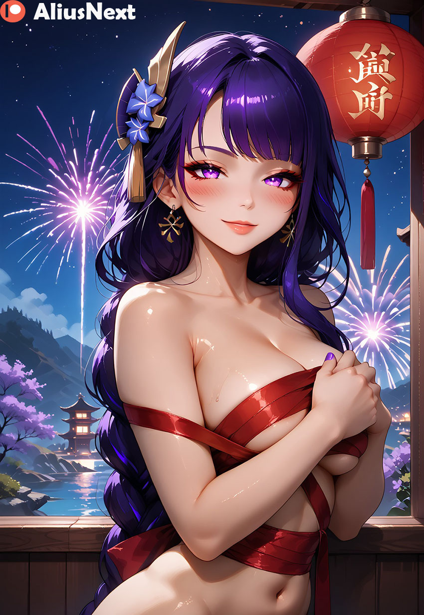 1girls ai_generated aliusnext breasts female genshin_impact gift gift_wrapped happy_new_year high_quality high_resolution highres light-skinned_female light_skin merry_christmas nail_polish patreon purple_eyes purple_hair raiden_shogun ribbon ribbon_bondage solo solo_female tagme