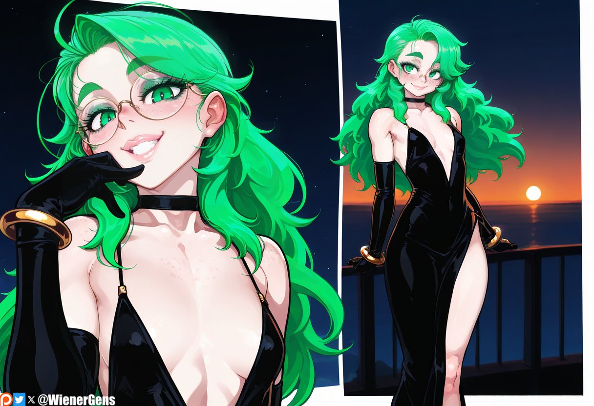 1girls ai_generated blushing_at_viewer bracelet choker color dress glasses green_eyes green_hair hi_res makeup ocean original_character patreon small_breasts solo_focus sunset tagme uncensored wienergens