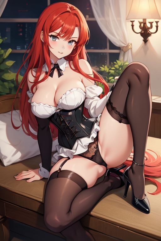 ai_generated black_panties black_stockings corset dressed_up green_eyes heels long_hair night red_hair waiting