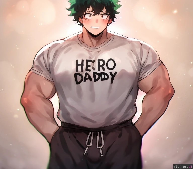 aged_up ai_generated gentle_giant huge_bulge izuku_midoriya male_only muscular_male my_hero_academia scars_all_over stubble white_shirt