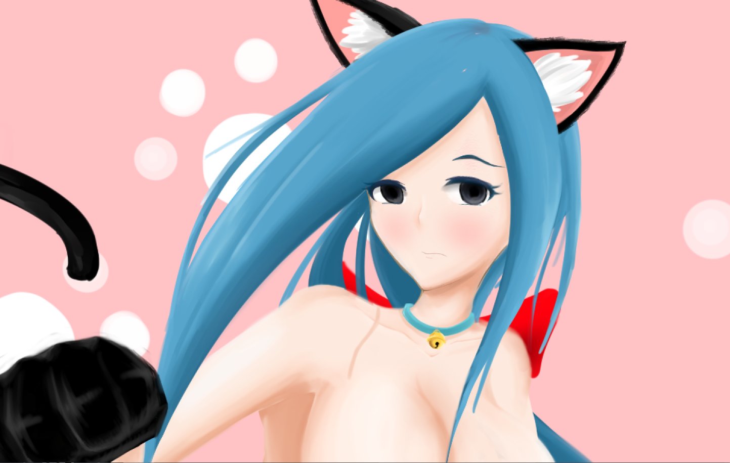 1girls belly blue_hair blush bow breasts cat_ears close-up collar collarbone color coppermine_(battle_cats) digital_media_(artwork) extremely_long_hair full_version_request galaxy_gals grey_eyes large_breasts light_skin long_hair looking_at_viewer nude nyanko_daisensou paws roadpow tail teenager the_battle_cats