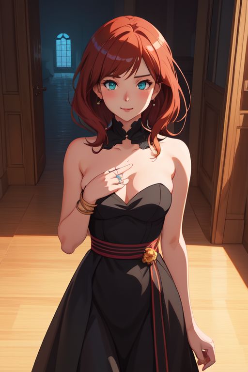 1girls ai_generated auburn_hair black_dress dress female_only green_eyes red_hair skotos_ai wife