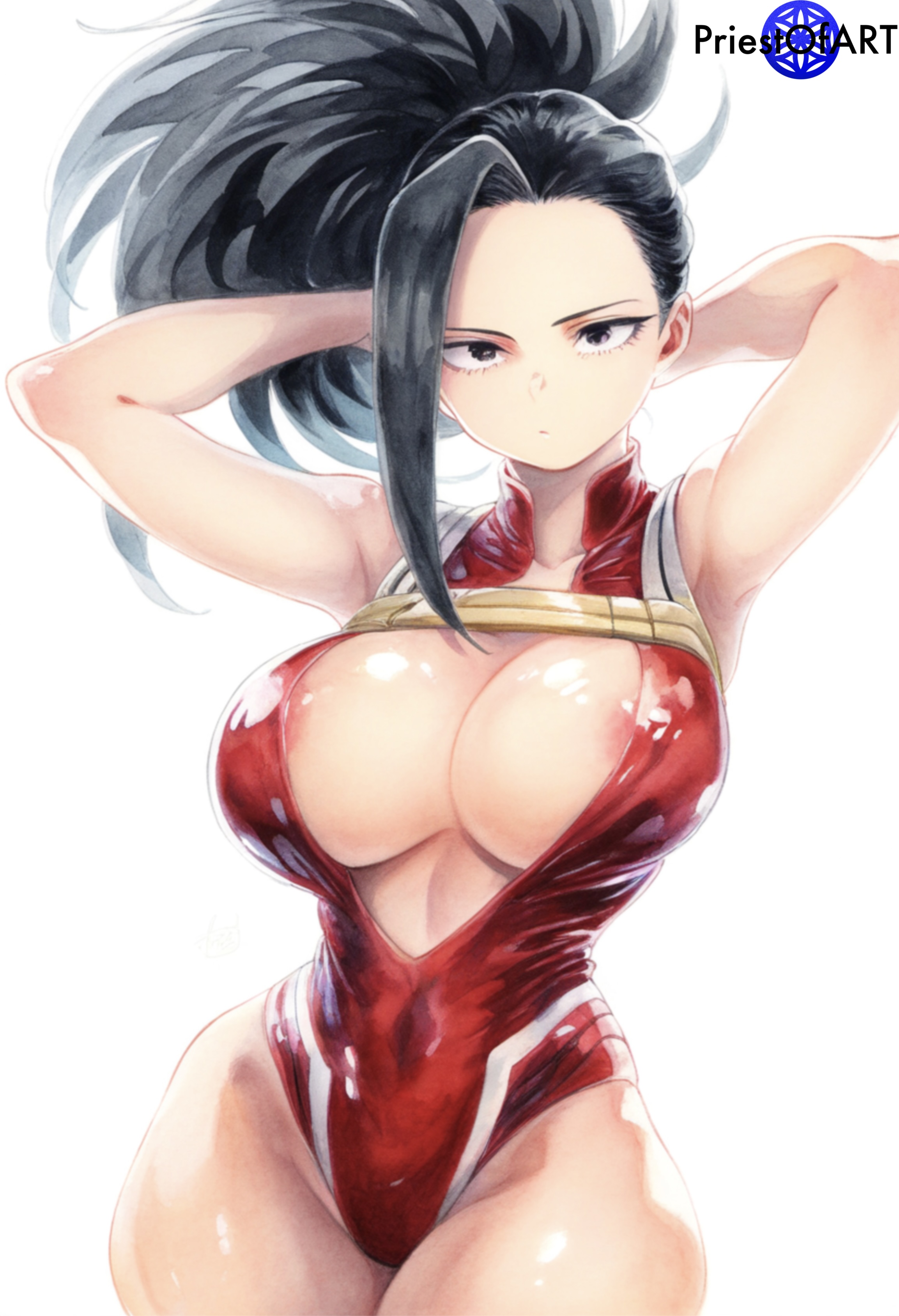 1girls, ai generated, arms behind back, big breasts, black eyes, black hair, boku no hero academia, breasts, color, female, female focus, female only, high school student, huge breasts, large breasts, momo yaoyorozu, my hero academia, open clothes, ponytail, priestofart, simple background, solo, solo female, solo focus, tagme, tagme (artist), tagme (character), teenage female, teenager, thin waist, white background, wide hips, young, young female
