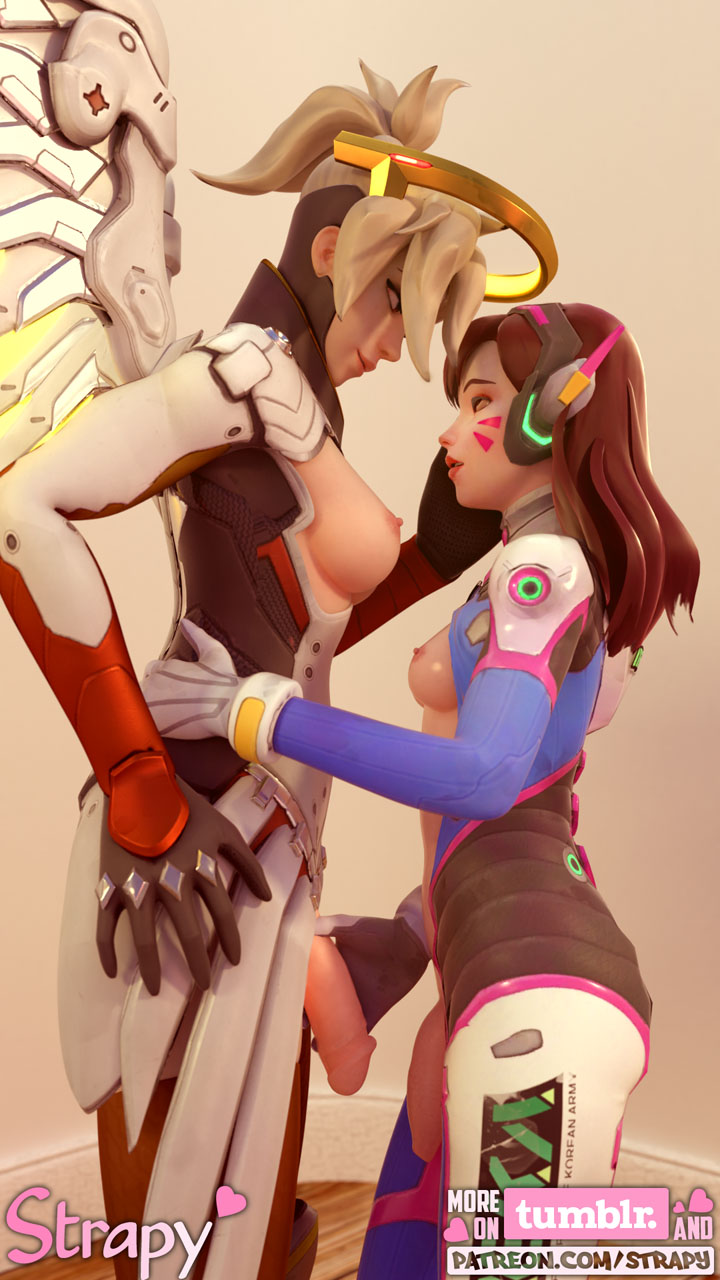 3d, areolae, blender, breasts, d.va, dickgirl, erection, futa on futa, futa only, futanari, handjob, intersex, mercy, nipples, overwatch, penis, strapy