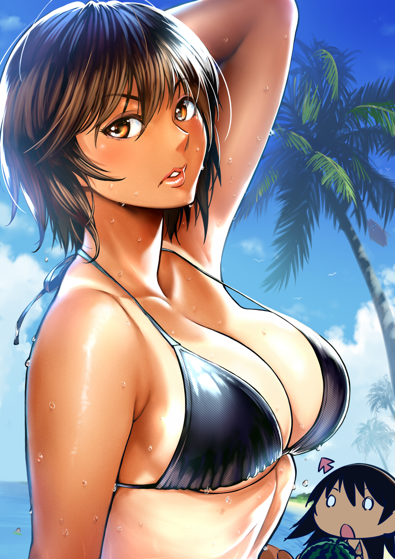 azumanga_daiou beach big_breasts bikini black_bikini brown_eyes cleavage kagura_(azumanga_daiou) large_breasts lipstick ocean palm_tree swimsuit tan tanline tomo_takino twinpoo water wet_skin