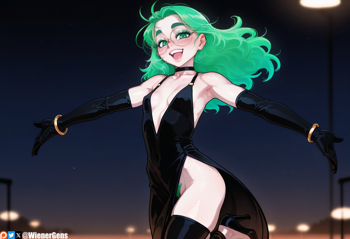 1girls ai_generated armpits blushing_at_viewer bracelet choker color dress female glasses green_eyes green_hair heels looking_at_viewer makeup original_character patreon pubic_hair small_breasts solo_focus spread_arms tagme thighhighs uncensored wienergens