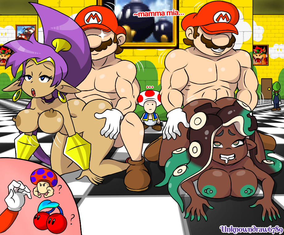 … 2girls 4boys ? areola ass ass_grab big_breasts breasts breasts_touching_floor cephalopod cephalopod_humanoid crossover dark_skinned_female doggy_style double_cherry earrings genie genie_girl hallway long_hair luigi marina_(splatoon) marina_ida mario mario_(series) muscular nintendo nipples painting parallel_sex piercing purple_hair red_text sex shantae shantae_(character) splatoon splatoon_(series) splatoon_2 super_mario_64 super_mario_64_b3313 super_mario_bros. tentacle text thighs toad_(mario) unknowndraw6798 video_games wayforward