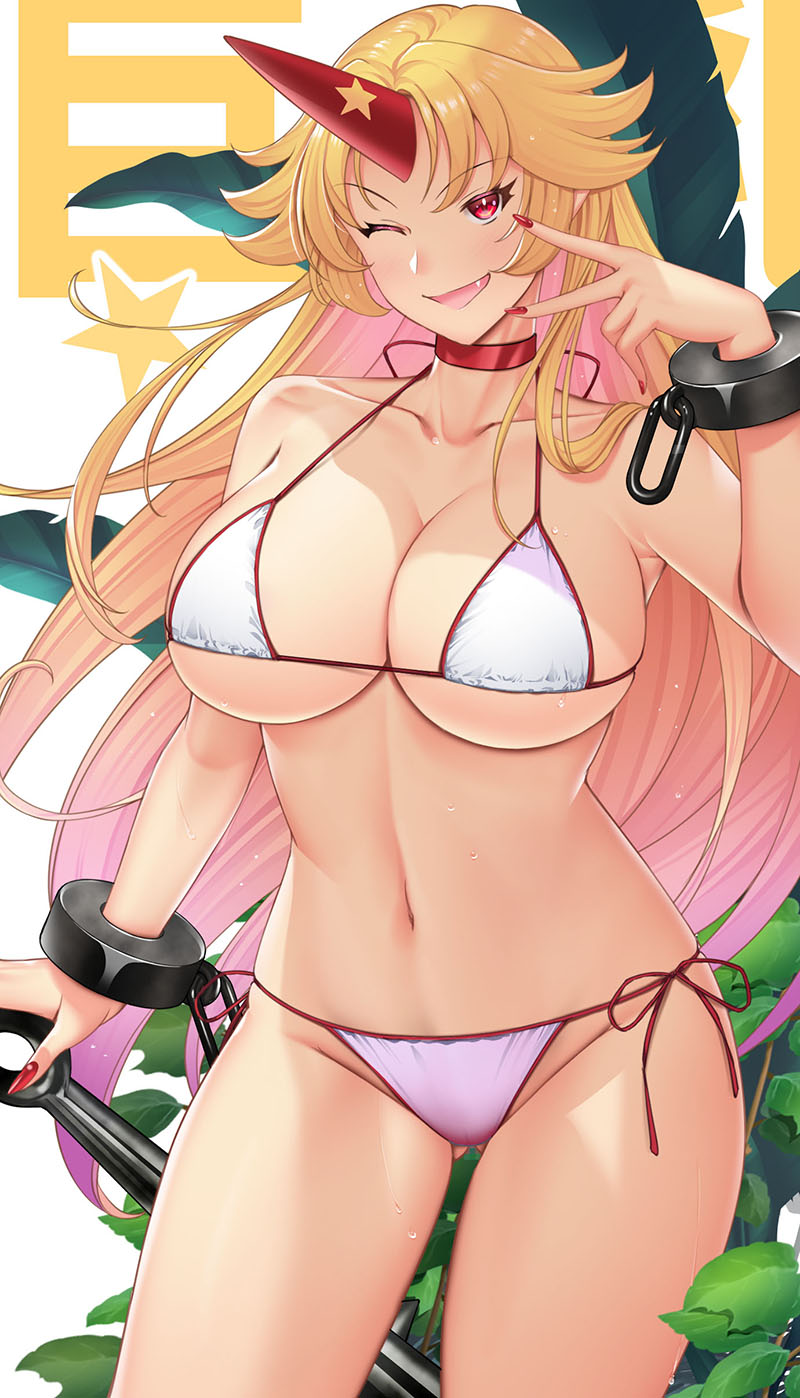 belly_button big_breasts bikini blonde_hair breasts cleavage hataraki_kuma horn hoshiguma_yuugi oni open_mouth red_eyes touhou wink