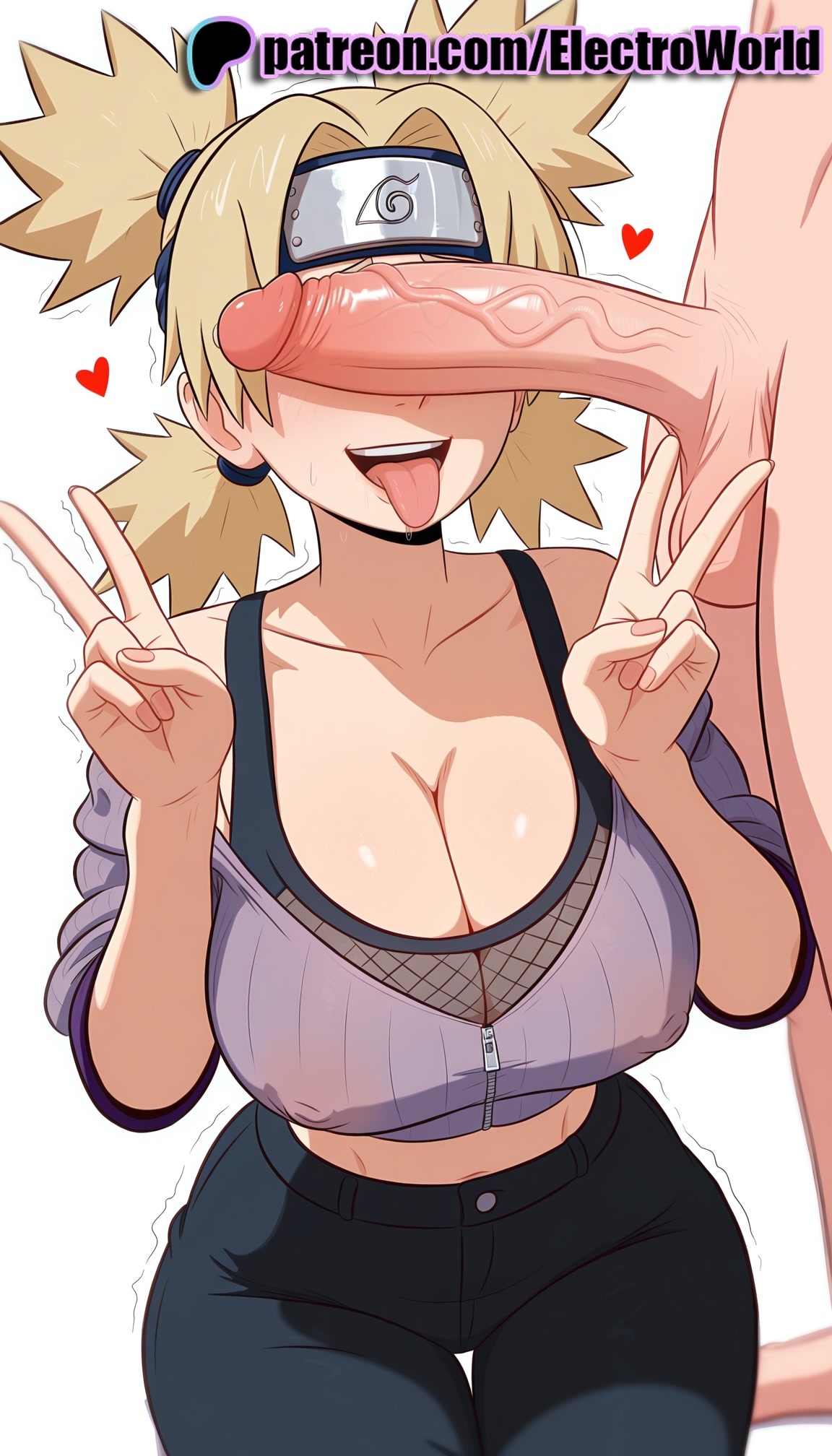 :p, 1boy, 1girls, 2025, ai generated, artist name, big breasts, big chest, blonde hair, breasts, bust, busty, cant see the haters, chest, cleavage, cock, dick, double v, electroworld, female, heart, hi res, high quality, high resolution, highres, large breasts, male, nail polish, naruto, naruto (series), pants, patreon, patreon username, penis, quad tails, stable diffusion, straight, temari, tongue, tongue out, trembling, v, w, watermark