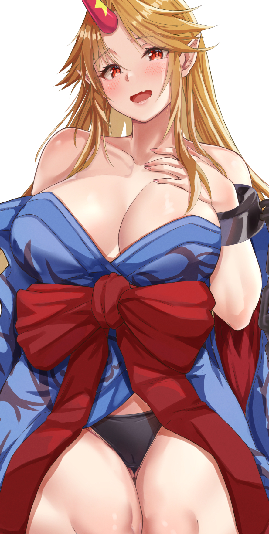 blonde_hair blush breasts cleavage ebi_193 horn hoshiguma_yuugi kimono oni panties red_eyes touhou white_background