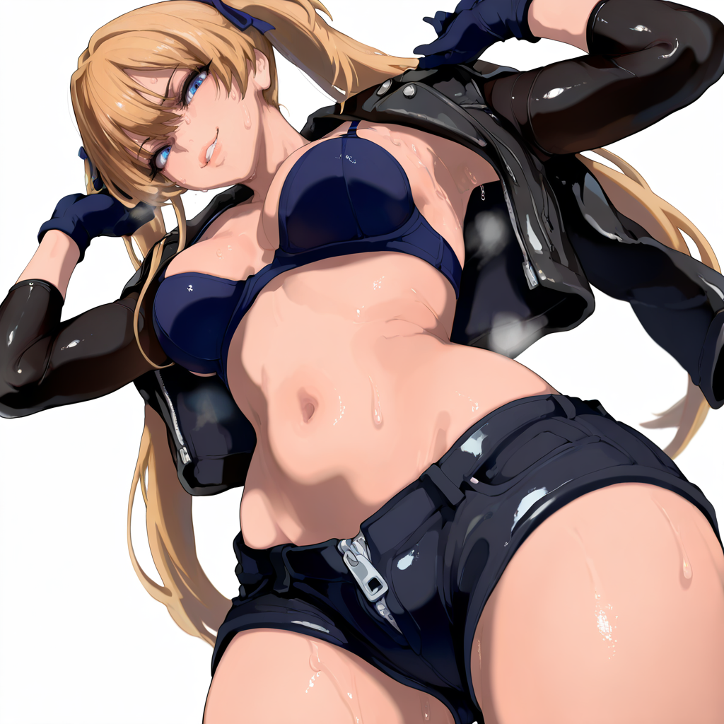 ai_generated belly_button blonde_hair blue_eyes bra femdom gloves jacket lily_(tower_of_trample) looking_at_viewer looking_down low_angle ribbon short_jeans shorts smirk steam sweat tower_of_trample twintails zipper zipper_pull_tab