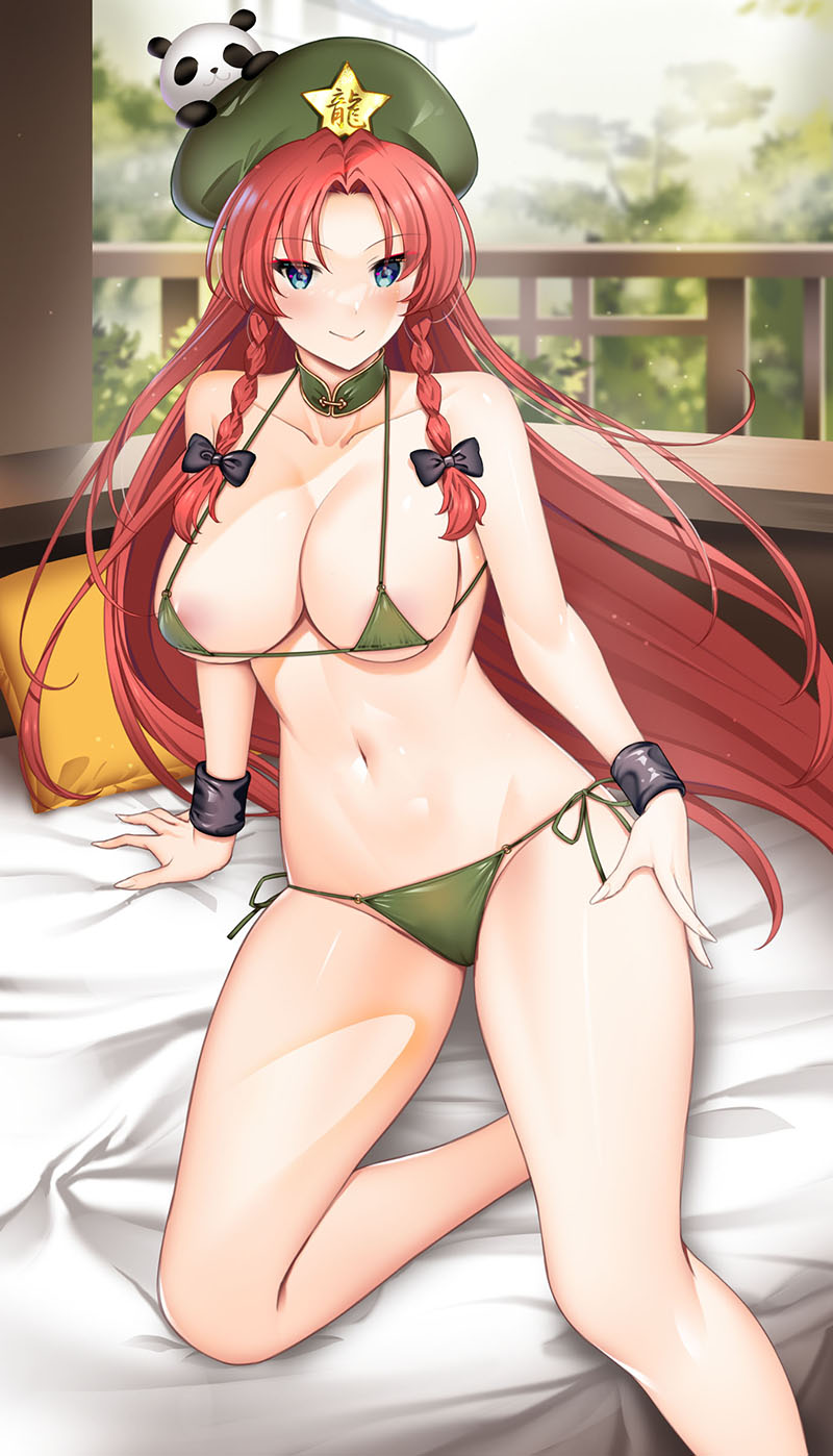 areolae belly_button bikini blue_eyes blush breasts cleavage hataraki_kuma hong_meiling red_hair smile touhou