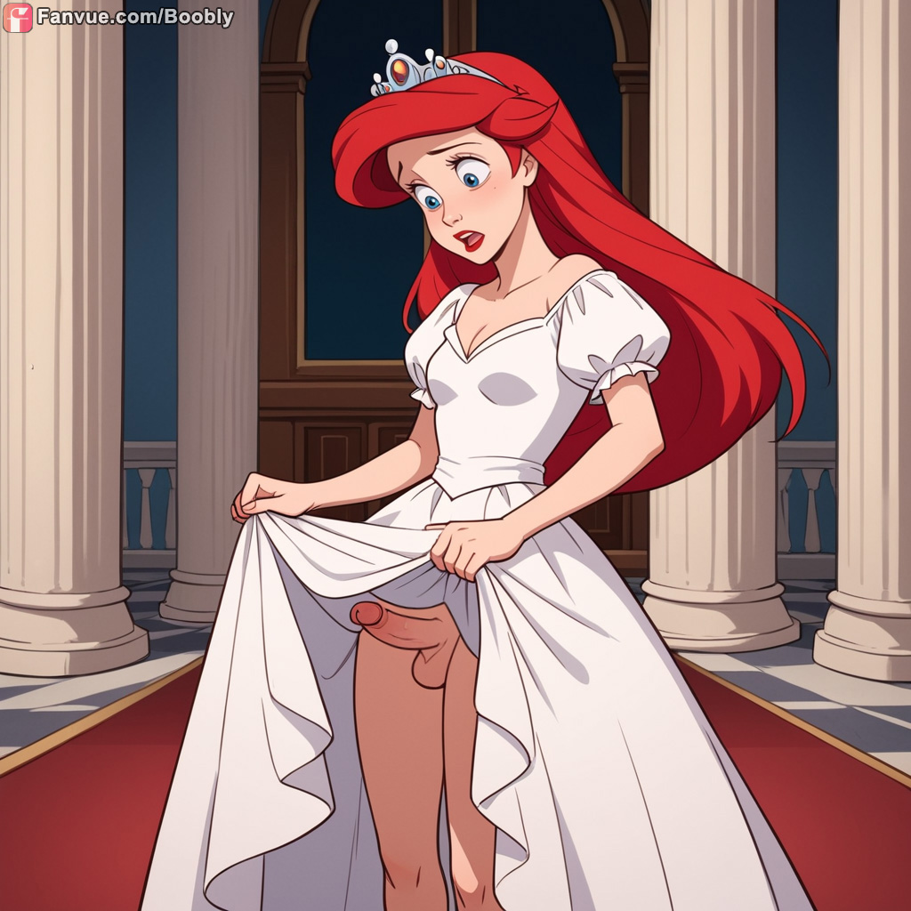 ai_generated ariel ariel_(the_little_mermaid) blue_eyes boobly dress dress_lift futanari red_hair the_little_mermaid the_little_mermaid_(1989_film) wedding_dress