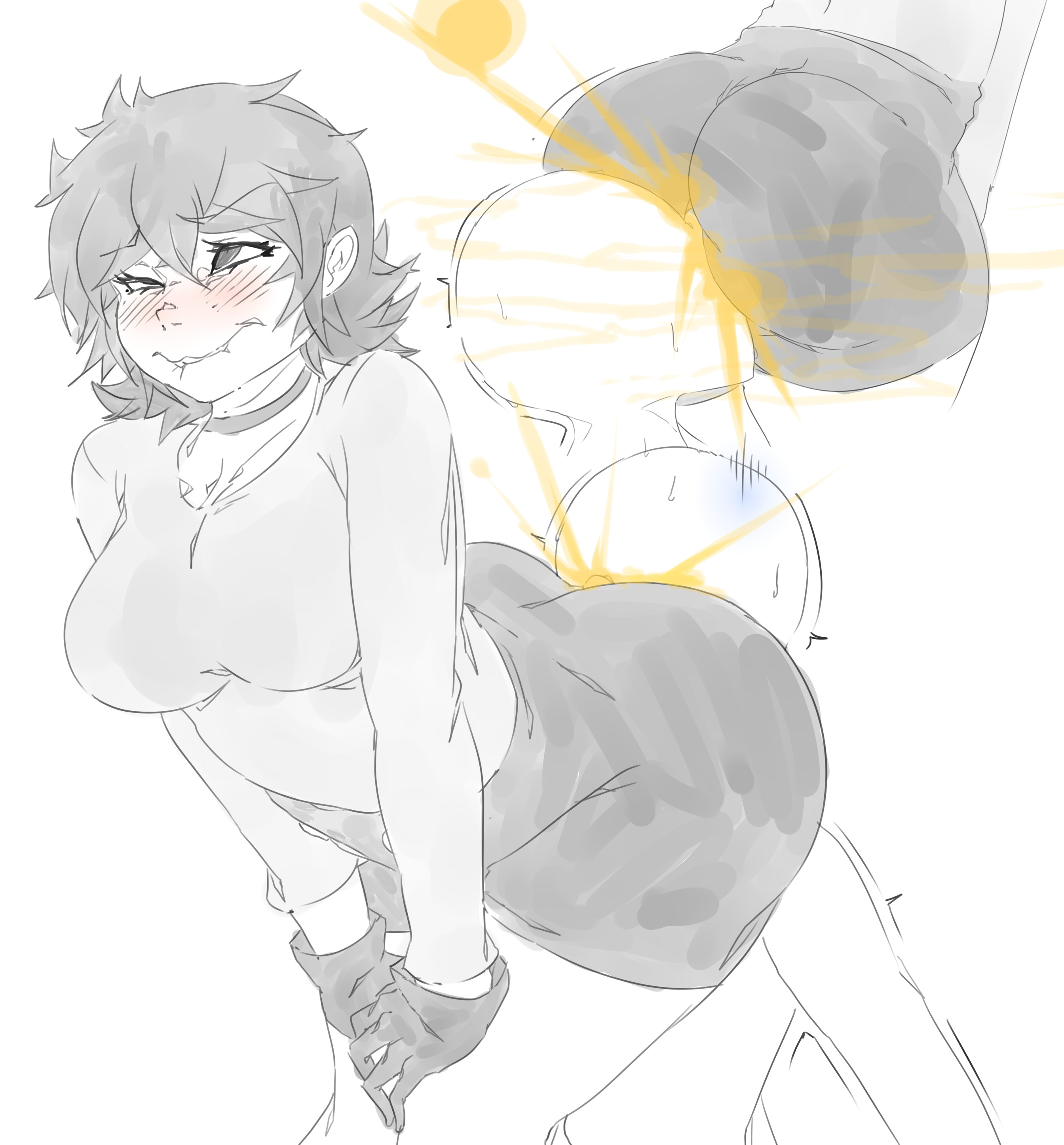1boy, 1girls, anon, ass, big ass, big butt, blush, face in ass, faceless male, fart, fart cloud, fart fetish, farting, farting in face, female, gorillaz, lazei, male, noodle (gorillaz), rear view, shorts, sketch, smile, uncolored, viewed from behind