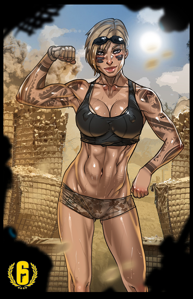 1girls, abs, big breasts, breasts, cleavage, erect nipples, female, female only, ganassa, large breasts, looking at viewer, muscles, muscular, muscular female, nipples, rainbow six, rainbow six siege, short shorts, shorts, solo, tattoo, tom clancy, valkyrie (rainbow six)