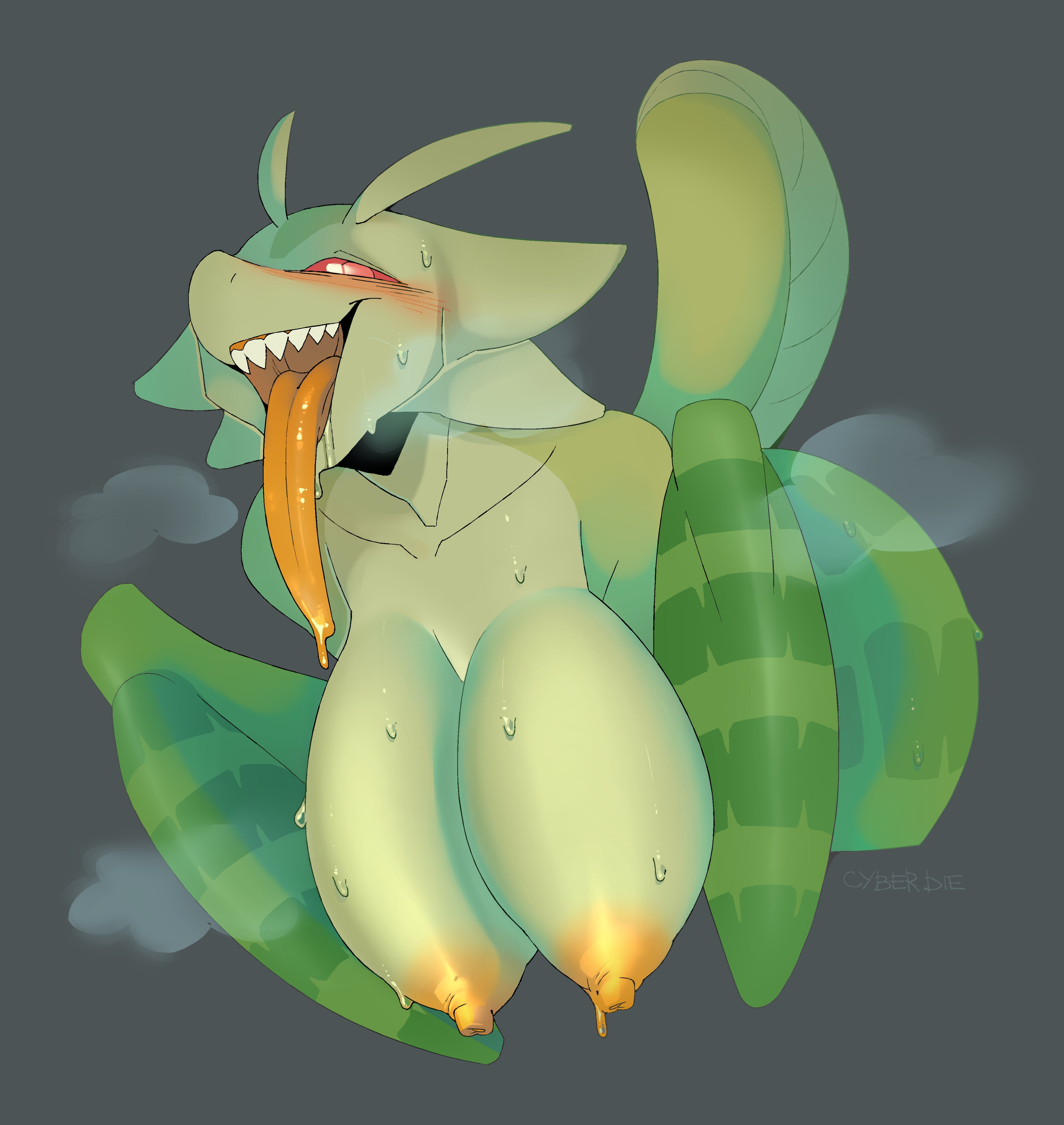 absurd res, antennae (anatomy), areola, arthropod, arthropod abdomen, big areola, big breasts, bodily fluids, breasts, cyber d1e, female, hi res, huge breasts, insects, long tongue, mantis, nipples, nude, open mouth, pamela (cyber d1e), puffy nipples, red eyes, saliva, simple background, solo, sweat, sweatdrop, teeth, thick thighs, tongue, tongue out, wide hips