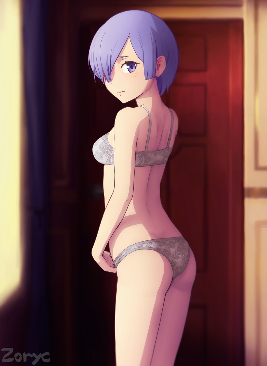 1girls artist_name ass blue_eyes blue_hair bra female female_only hair_over_one_eye lingerie looking_at_viewer looking_over_shoulder panties re:zero_kara_hajimeru_isekai_seikatsu rear_view rem_(re:zero) small_breasts solo unknown_artist zoryc