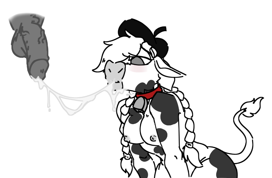 anthro bell_collar beret blush bovine braided_hair breasts cattle collar cum cum_in_mouth cum_inside cum_on_face cum_string dairy_air disembodied_penis female hair hat hijackerdraws hijackerdraws_(artist) male mammal mascot nipples nude penis