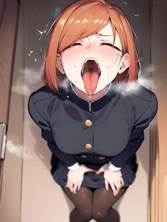 1girls, ai generated, blush, breasts, closed eyes, female, female only, human, jujutsu kaisen, kugisaki nobara, school uniform, solo, sweat, sweatdrop, sweating, tongue, tongue out, tremble spikes