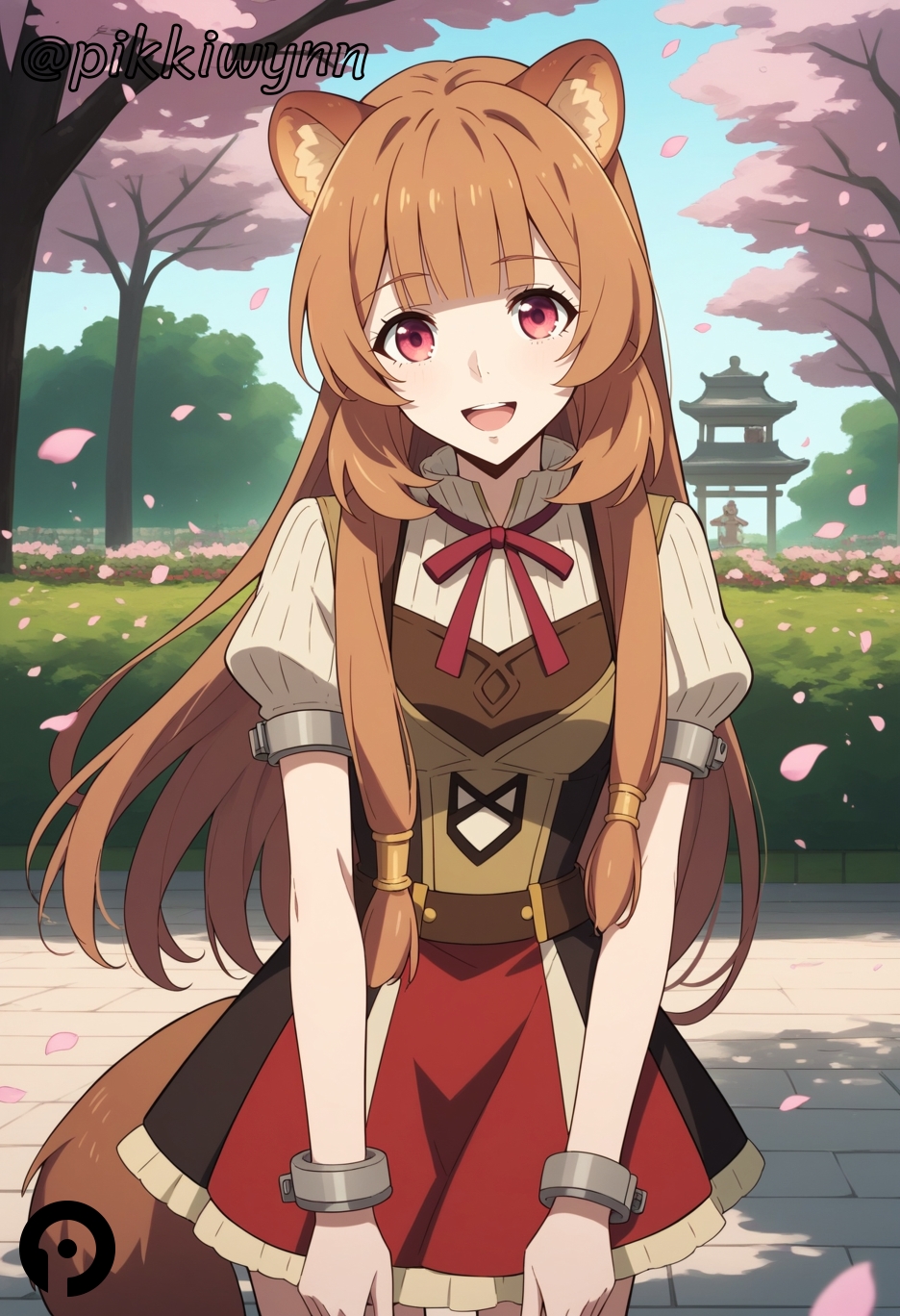 :d ai_generated animal_ears bangs blunt_bangs brown_hair cherry_blossoms cowboy_shot cuffs day dress female long_hair looking_at_viewer neck_ribbon open_mouth outdoors petals pikkiwynn puffy_short_sleeves puffy_sleeves raccoon_ears raccoon_girl raccoon_tail raphtalia red_eyes red_ribbon ribbon short_sleeves sky smile solo tail tate_no_yuusha_no_nariagari the_rising_of_the_shield_hero tree very_long_hair