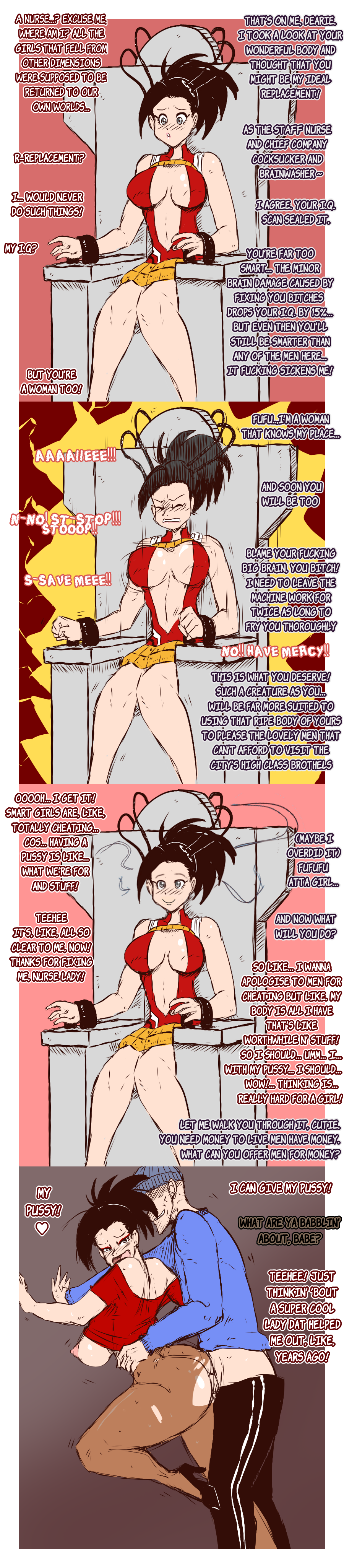 absurdres alternate_costume ass before_and_after bimbofication black_hair brain_drain breasts cables chair comic corruption dialogue electricity femdom femsub forced_employee grey_eyes hat high_heels hypnotized_hypnotist large_breasts momo_yaoyorozu my_hero_academia nipples ponytail prostitution shishikasama skirt smile text tights