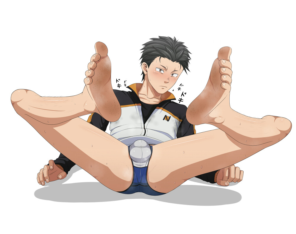 1boy ass barefoot black_hair blush bulge color crotch feet full_body kou_momota lying male male_focus male_only natsuki_subaru re:zero_kara_hajimeru_isekai_seikatsu short_hair simple_background sitting solo sound_effects spread_legs sweat toes underwear white_background