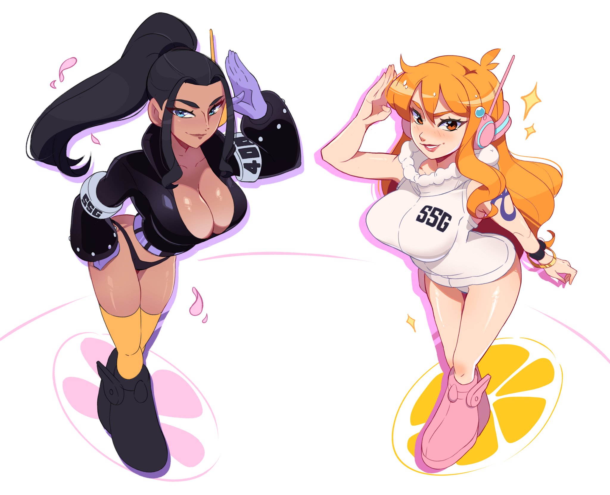 2girls, arm tattoo, bare legs, bare shoulders, bare thighs, big breasts, black hair, black-haired female, blue eyes, blue tattoo, blush, breasts, clothed, clothing, color, dark skin, dark-skinned female, female, female focus, female only, headphones, hi res, large breasts, light skin, light-skinned female, long hair, looking at viewer, multiple females, multiple girls, nami (one piece), nico robin, nico robin (egghead), one piece, one piece: egghead arc, orange eyes, orange hair, orange-haired female, panties, pimozzarella, ponytail, post-timeskip, shounen jump, solo female, tagme, tattoo, thick thighs