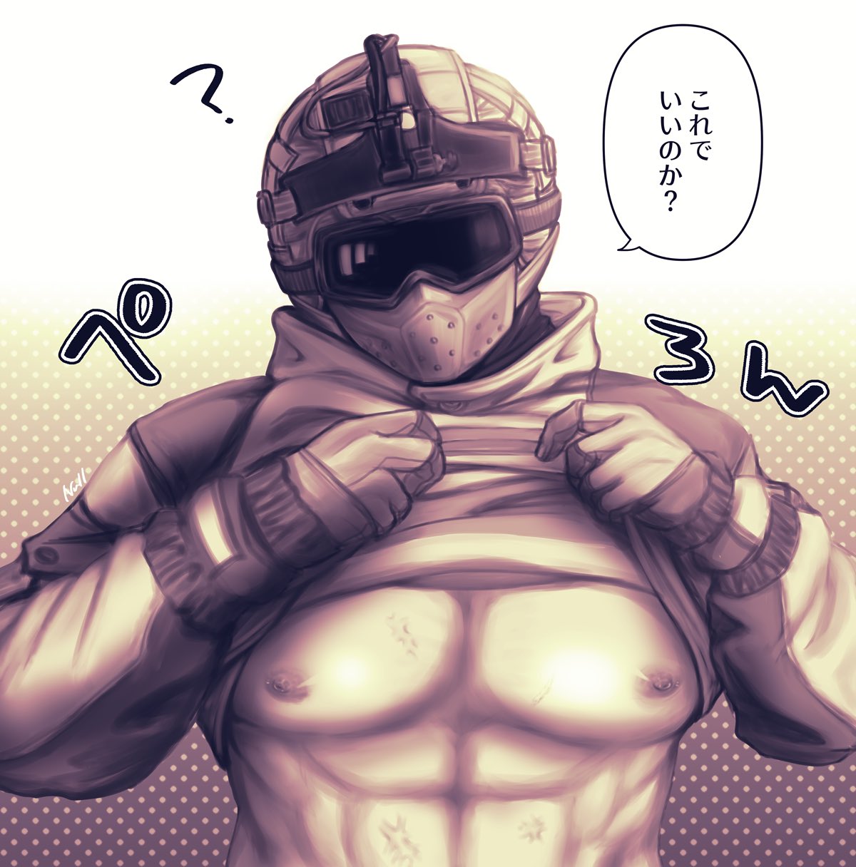 1boy abs fuze_(rainbow_six) helmet japanese_text lifting_shirt male male_only muscular muscular_male null_erste partially_clothed pecs presenting presenting_body question_mark rainbow_six_siege showing showing_off solo solo_male toned toned_male